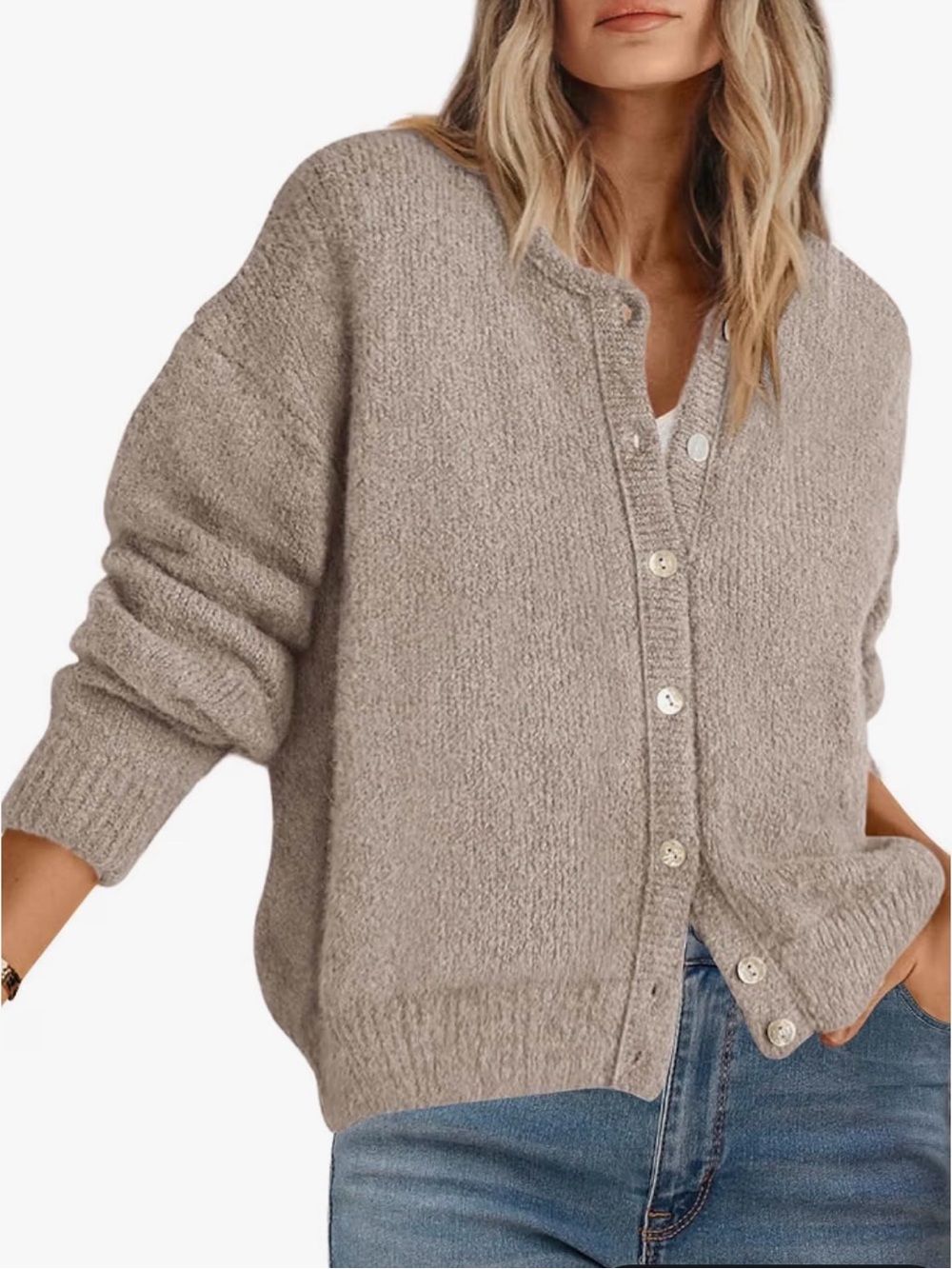Cozy Taupe Button-Front Women's Cardigan Sweater